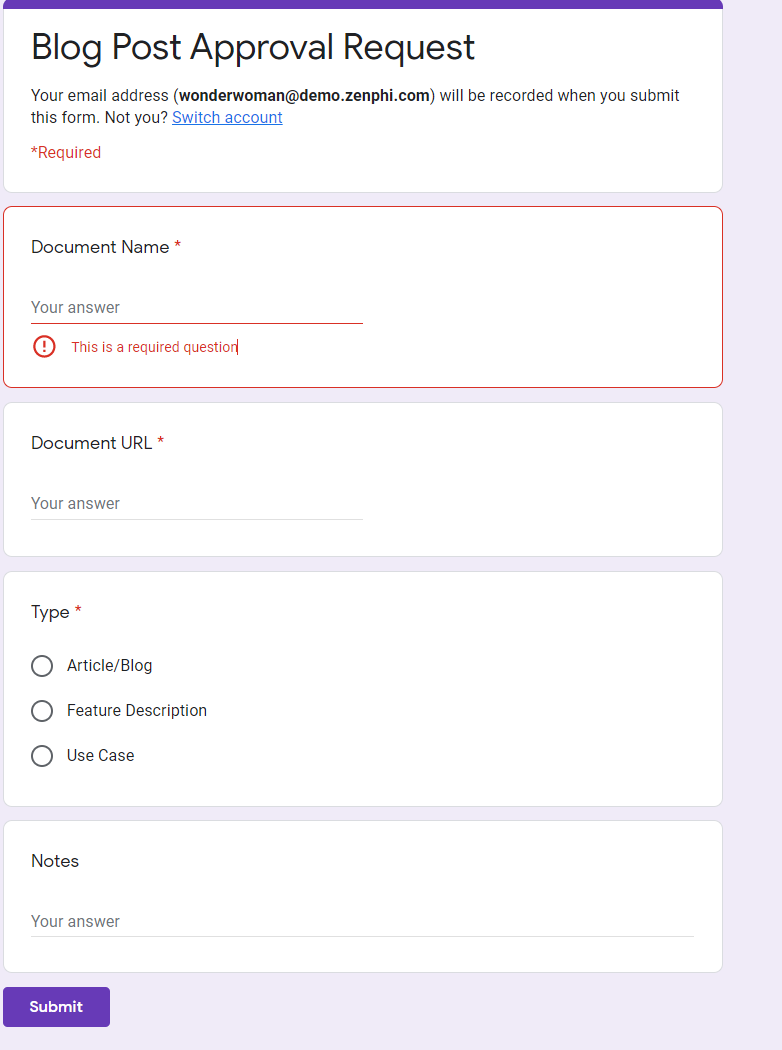 Step 1 in document approval workflow: google forms submission