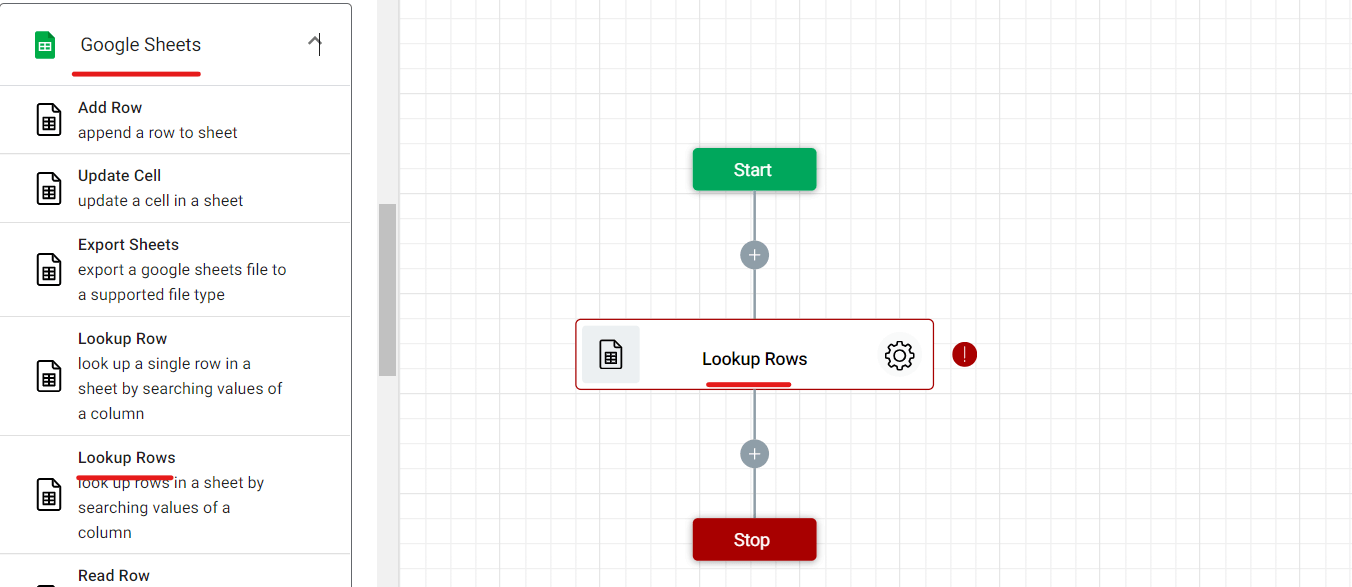 Adding Lookup Rows action to the blank workflow of the Google Sheets data lookup and retrieval.