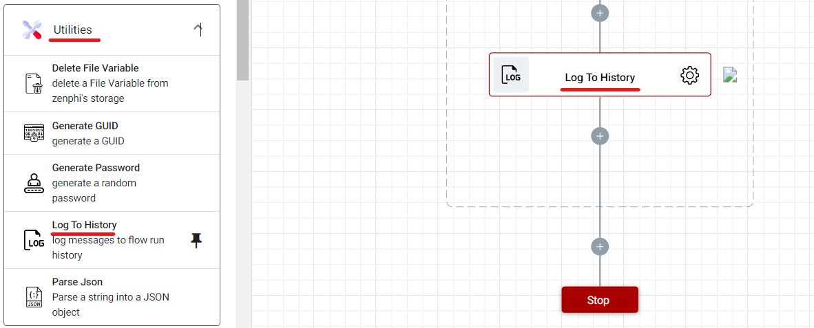 Adding Log To History action into the Google Sheets data lookup and retrieval workflow.