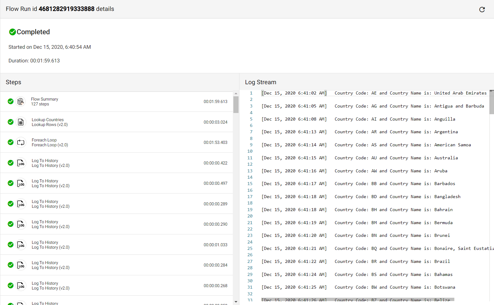 Data log of the retrieve information in our Google Sheets data lookup and retrieval workflow.