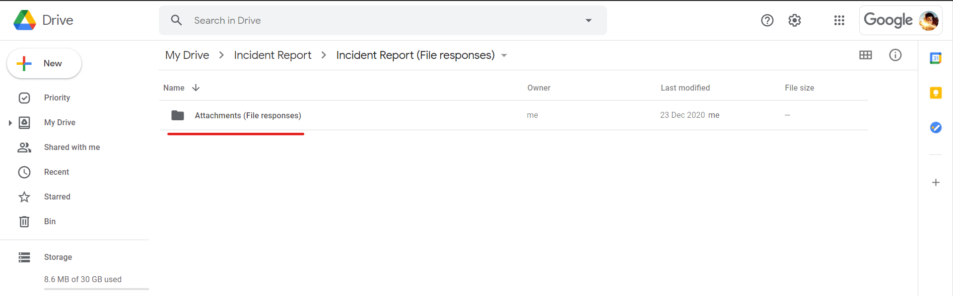 The sub-folder where you store all the attachments for automating incident report workflow on g suite.