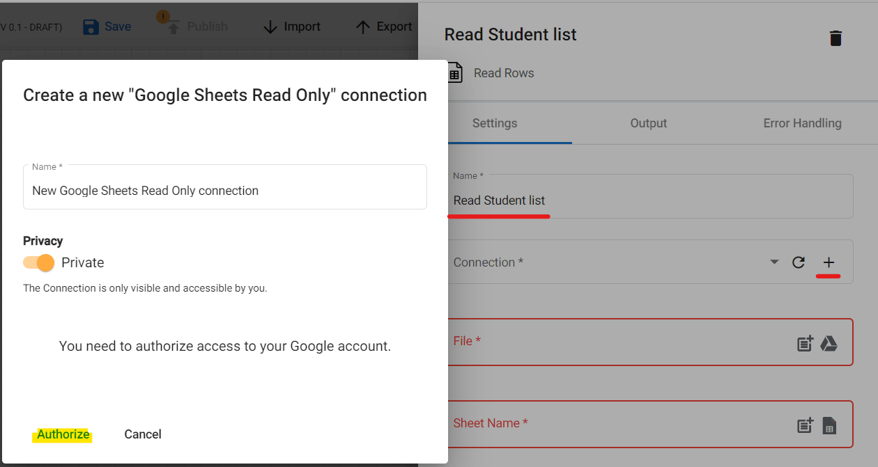 Creating Google Sheet Connection wihtin zenphi to connect the Google Sheet API to our flow.