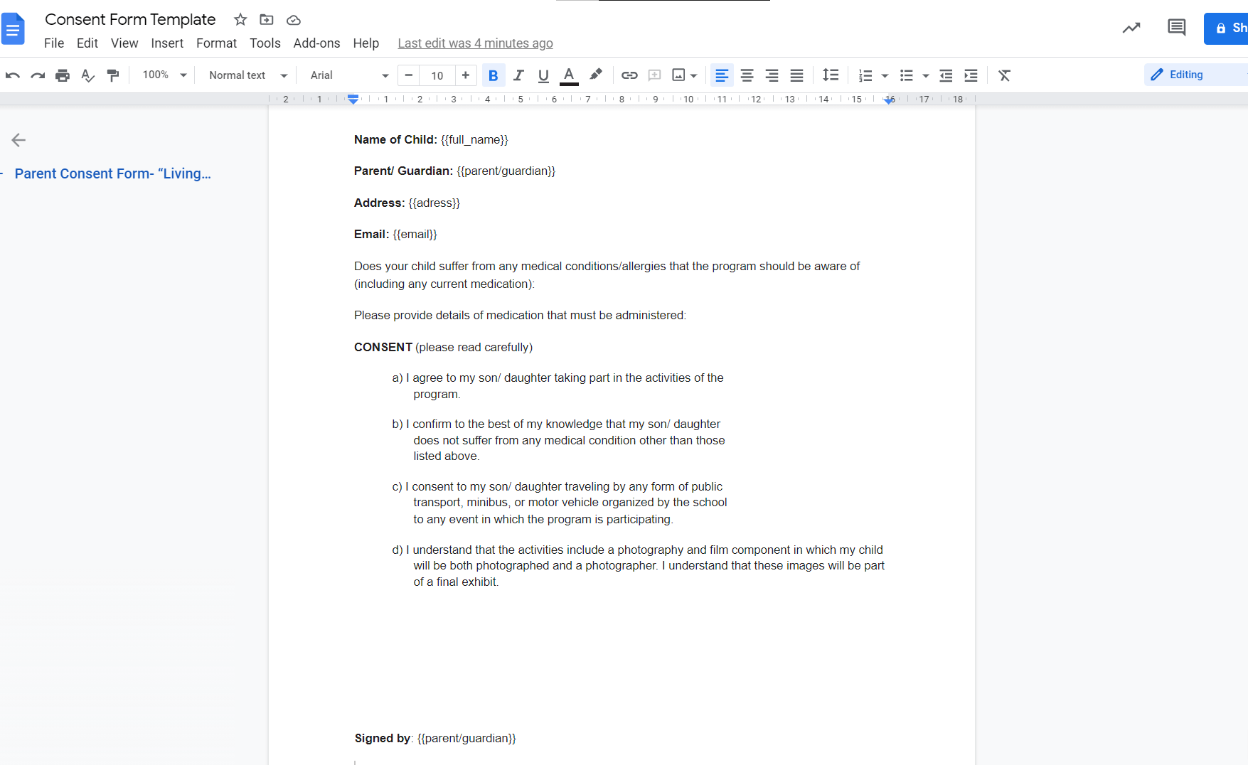 Creating the online consent forms template using Google Docs.