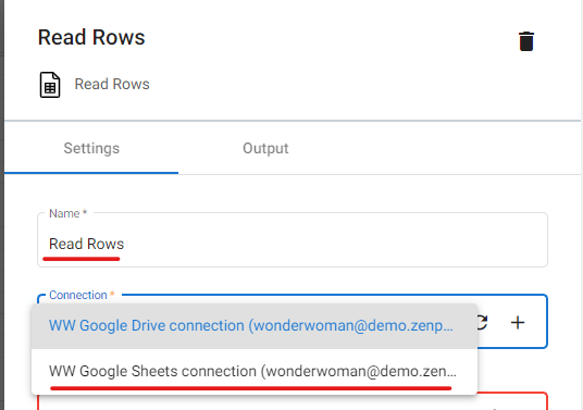 Configure the Connection field of the Read Rows action of our automated online consent forms flow.