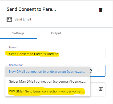 Configuring the Connection field of the Send Email action.