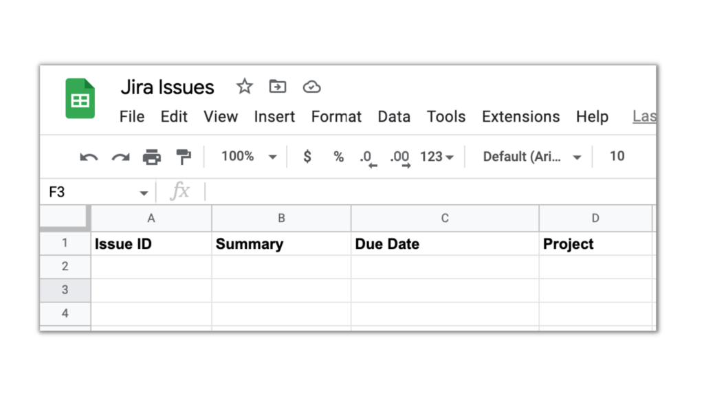 The example of how the Google Sheet template can look with the following suggested columns: Issue ID, Summary, Due Date, Project