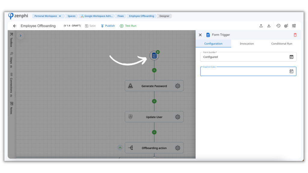 The demonstration of the zenphi form trigger set up in the employee offboarding flow.