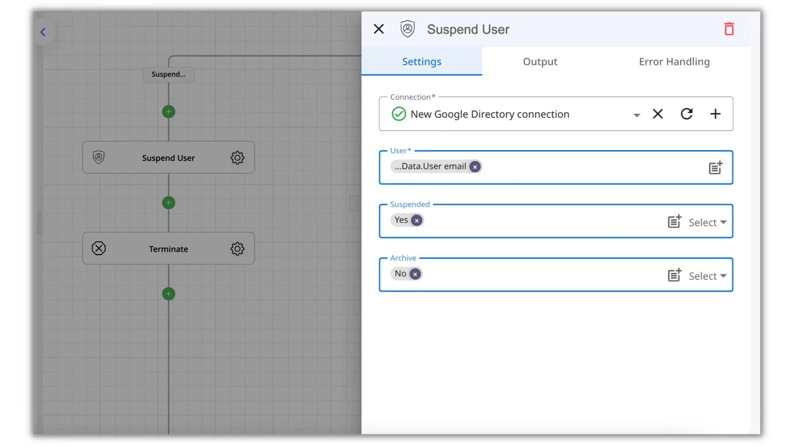 The demonstration of the "suspend user" action in the employee offboarding flow.