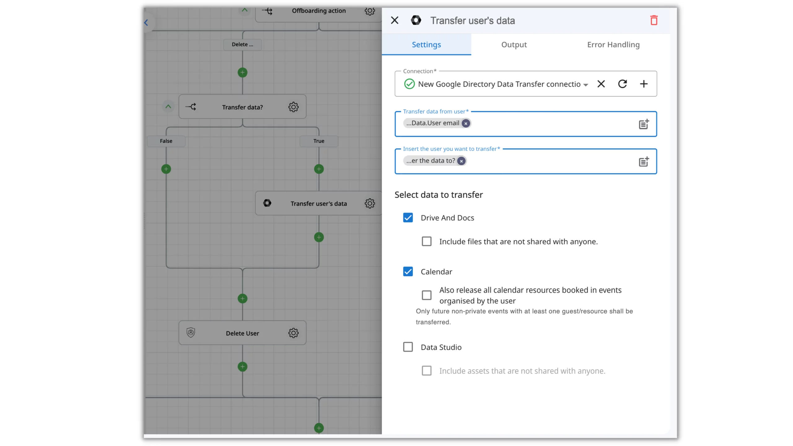 The demonstration of the "transfer user's data" action in the employee offboarding flow.