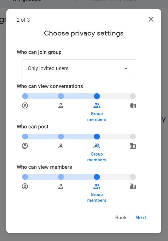 The demonstration of the Google Group privacy settings setup.