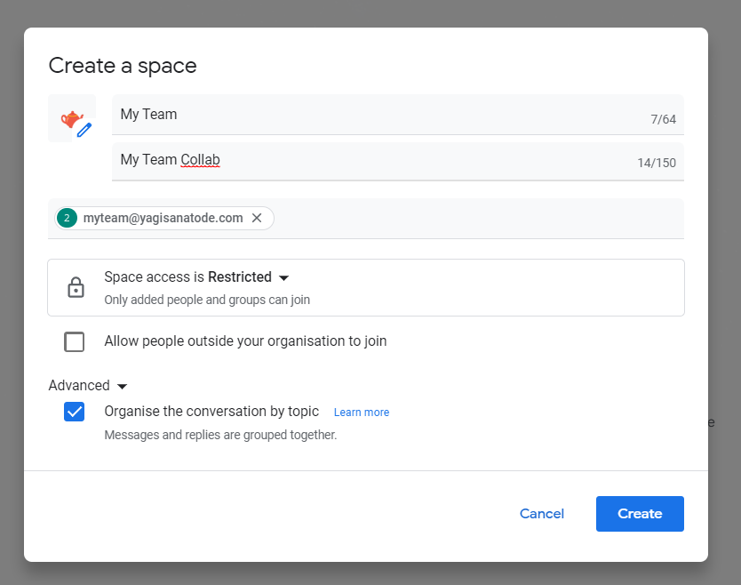 The demonstration of how to create a Google Chat space.
