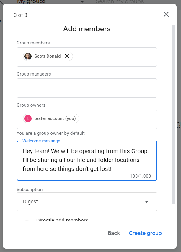 The demonstration of adding members to Google Groups.