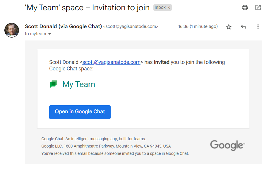 The demonstration of how the invitation to Google Chat space will look in Gmail.