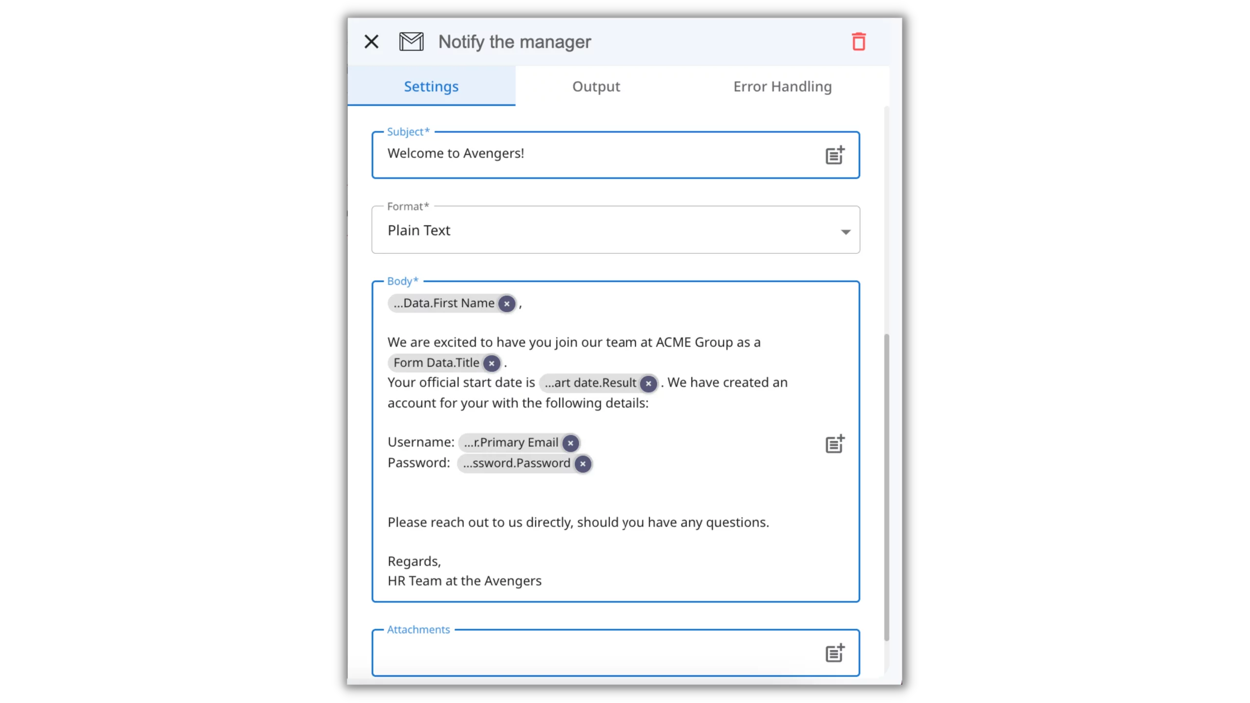 The demonstration of sending email as a part of the employee onboarding automation.