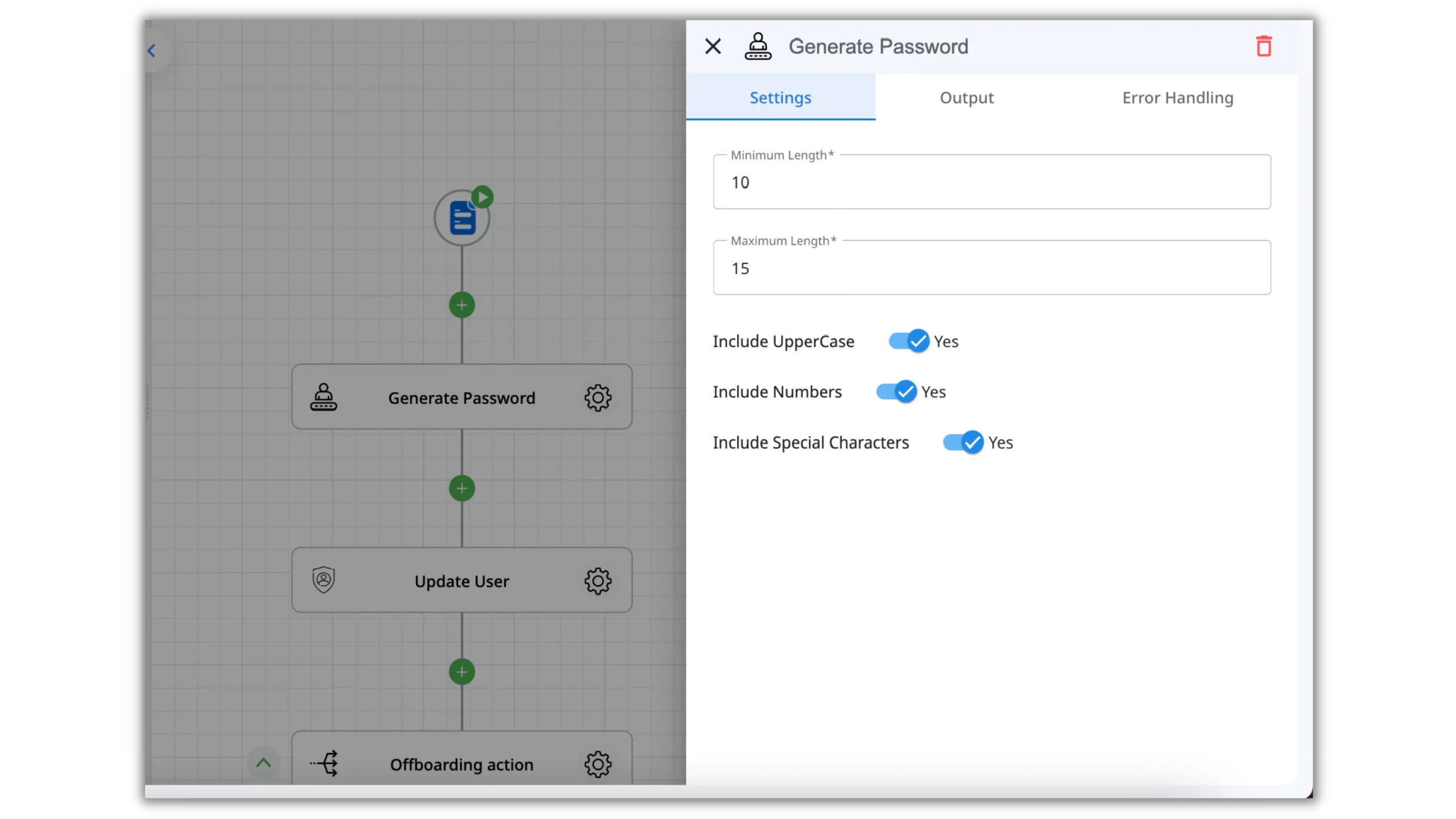 The demonstration of generating a password inside the employee onboarding automation.