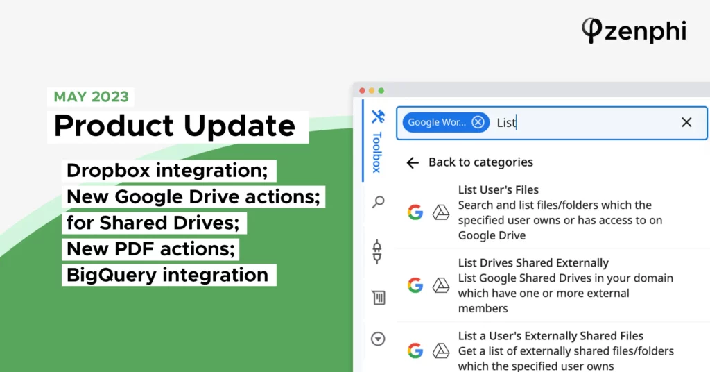 May Product Update: New Dropbox and Google Drive Actions, Upgraded PDF Functionality, BigQuery Integration, and More