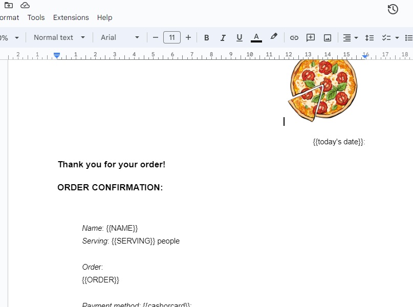 thank you for your order page with pizza