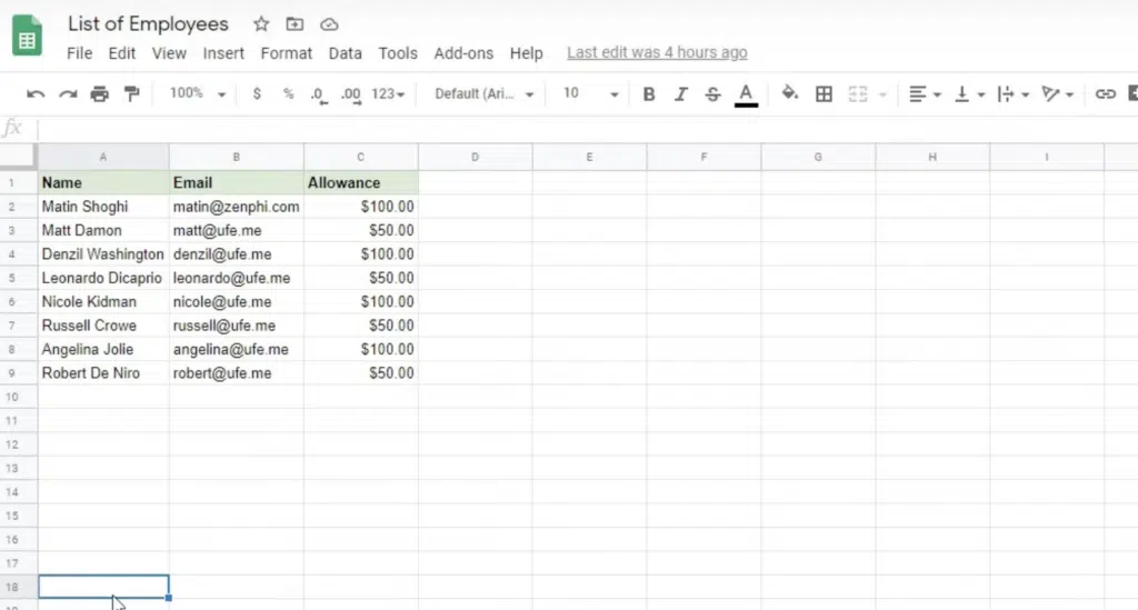 Google sheet with several filled in rows