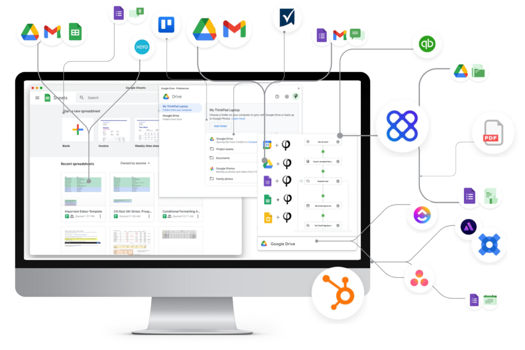 computer screen with google workspace apps and automations connected