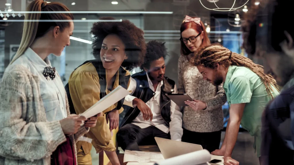 sales team at a meeting