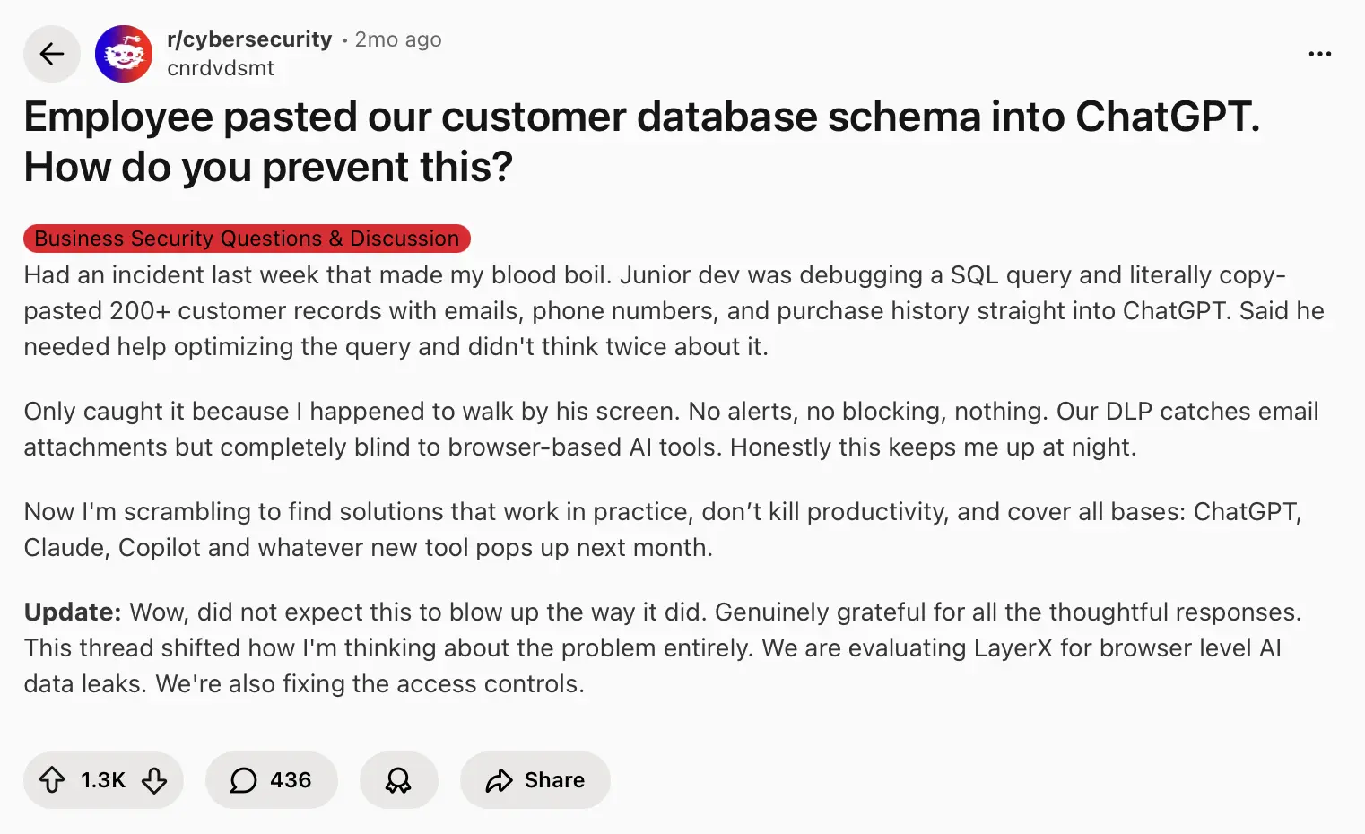 Employee pasted our customer database schema into ChatGPT. How do you prevent this? Reddit post