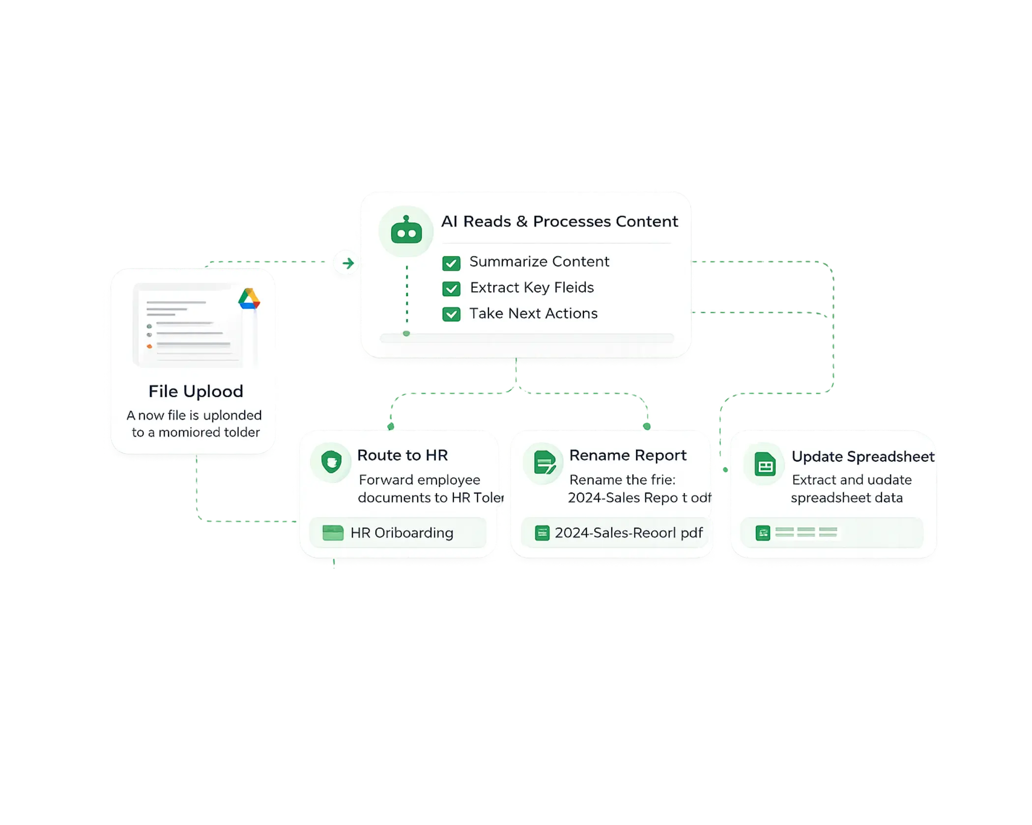 image shows when a file is uploaded to a monitored folder, AI reads it — summarizing content, extracting key fields, or classifying document type — and routes it, renames it, or triggers the next step based on what's actually inside.