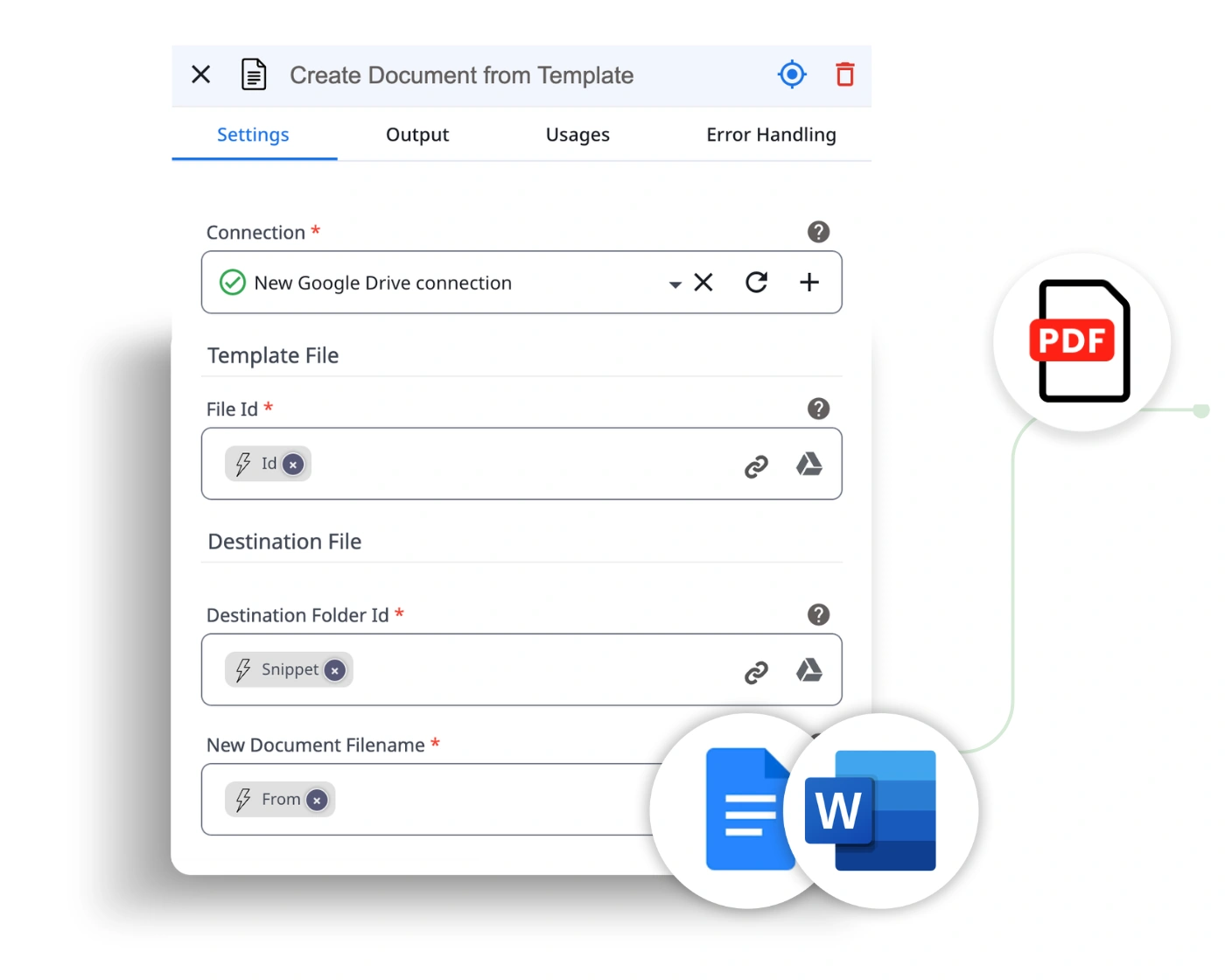 generate documents in MS Word or Google Docs from templates or with AI