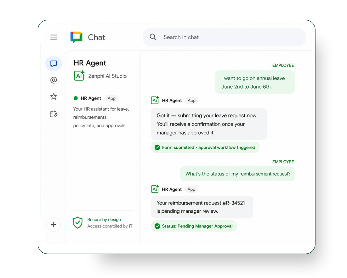AI HR agent built in AI Studio (Zenphi) answering user's questions about the status of their request and also is capable to submit a leave request, according to the procedure