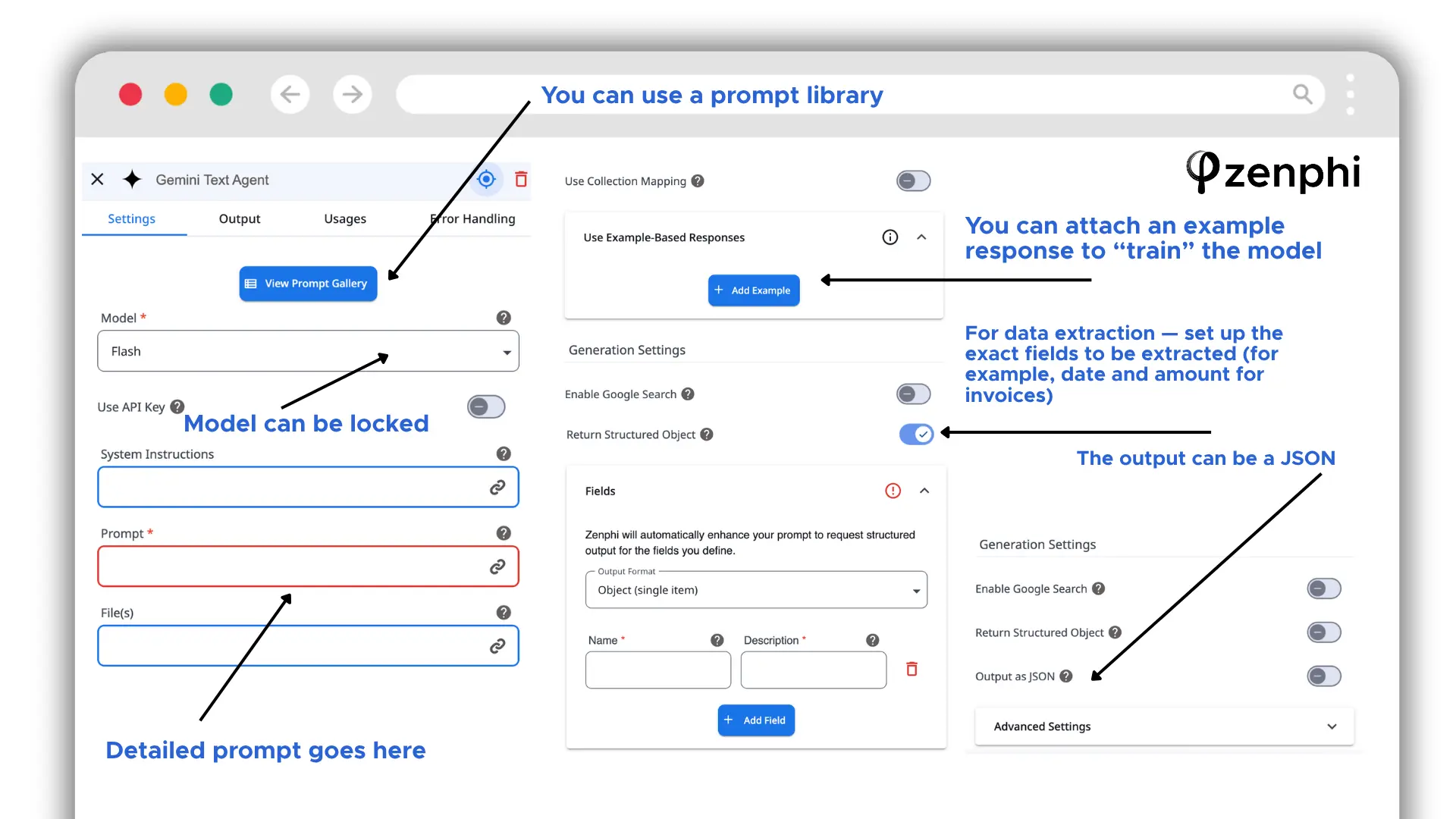 Zenphi AI agent settings for model selection, instructions, structured output and usage controls