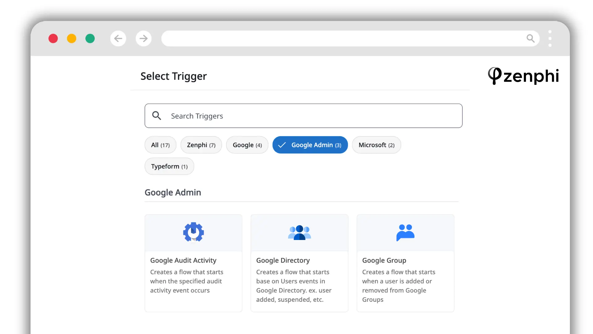 Zenphi Select Trigger screen showing the Google Audit Activity, Google Directory and Google Group triggers