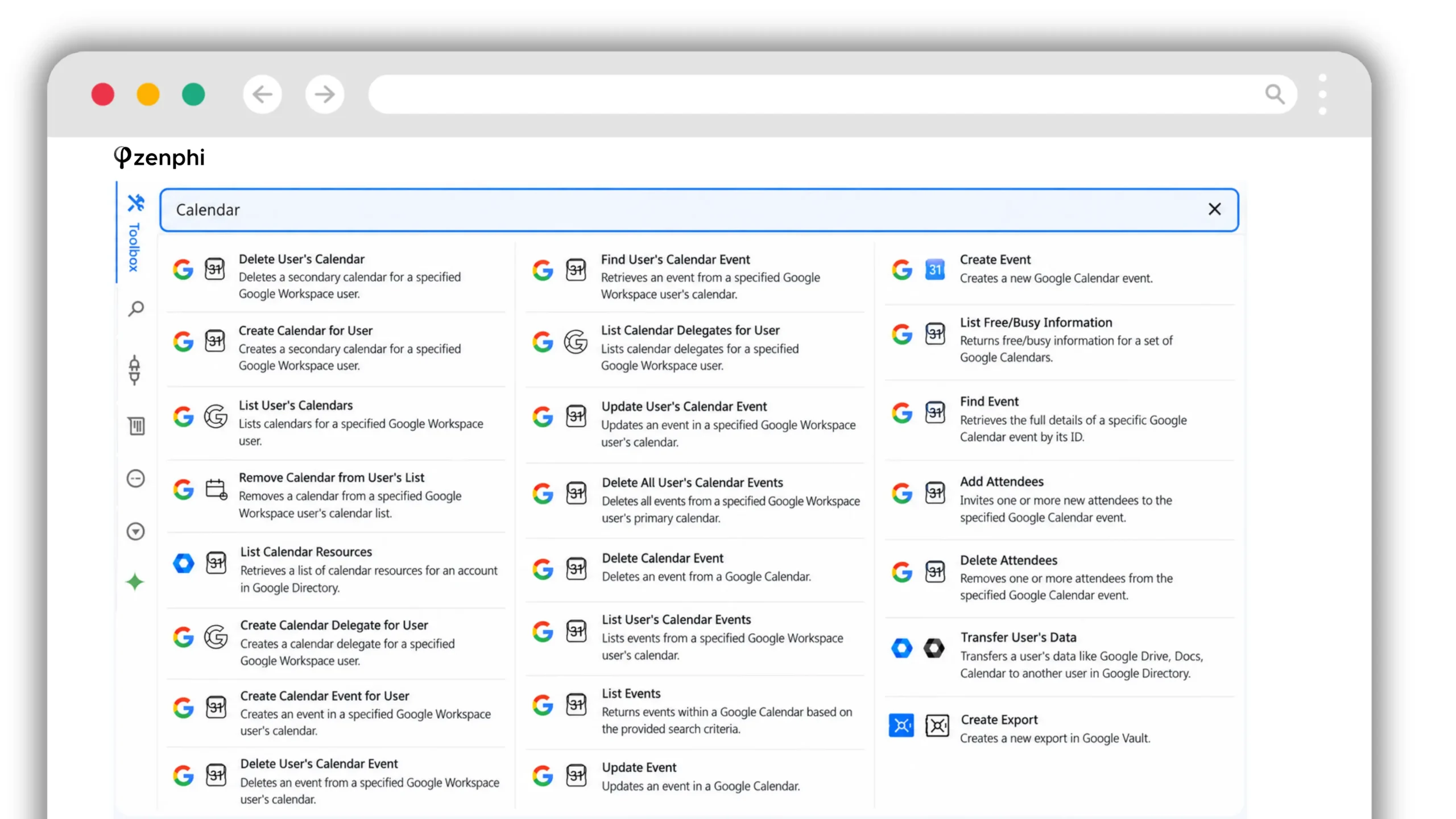 Google Calendar administration actions available in Zenphi