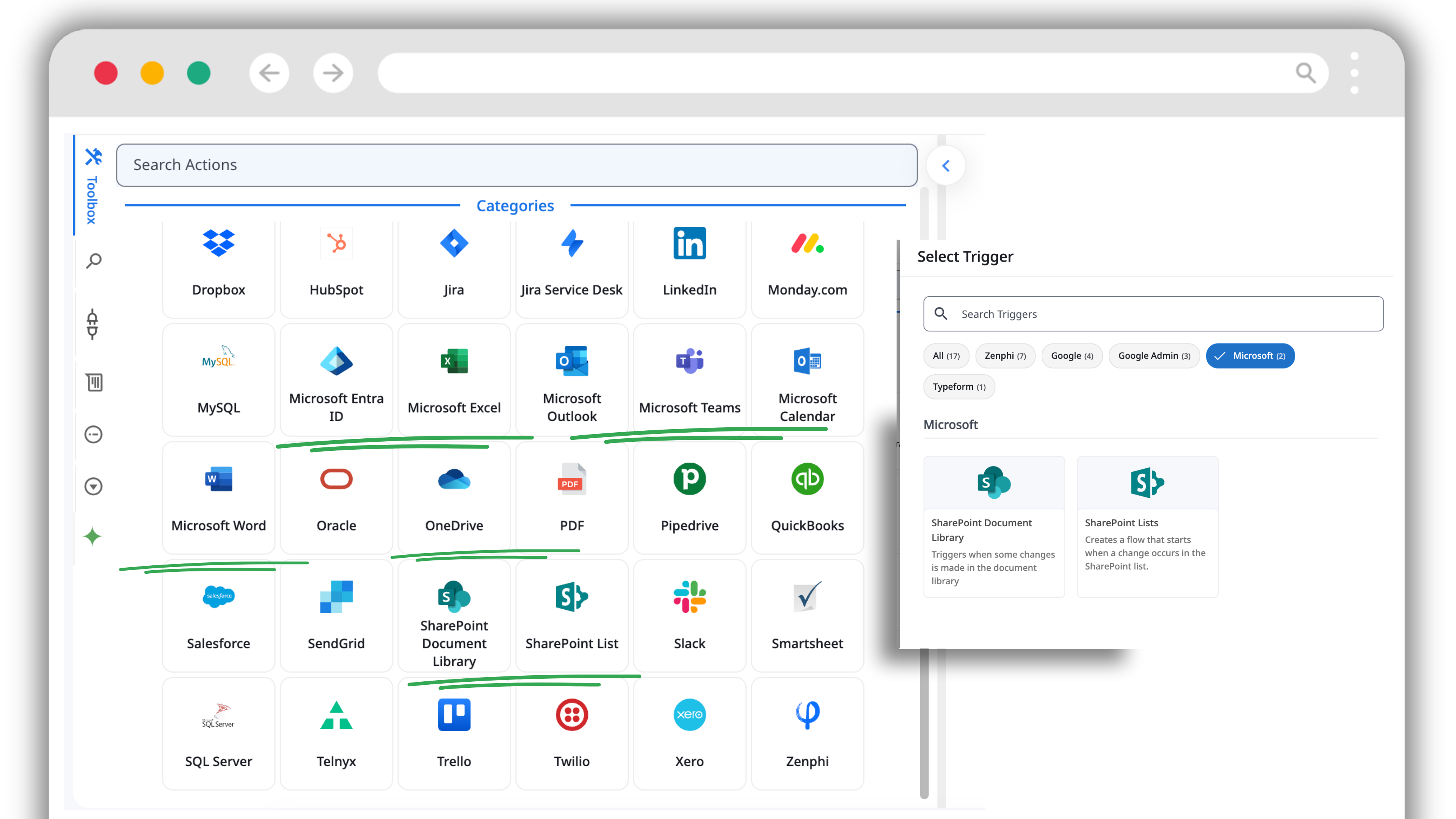 Microsoft actions and triggers available inside the Zenphi flow builder, including SharePoint, OneDrive and Outlook