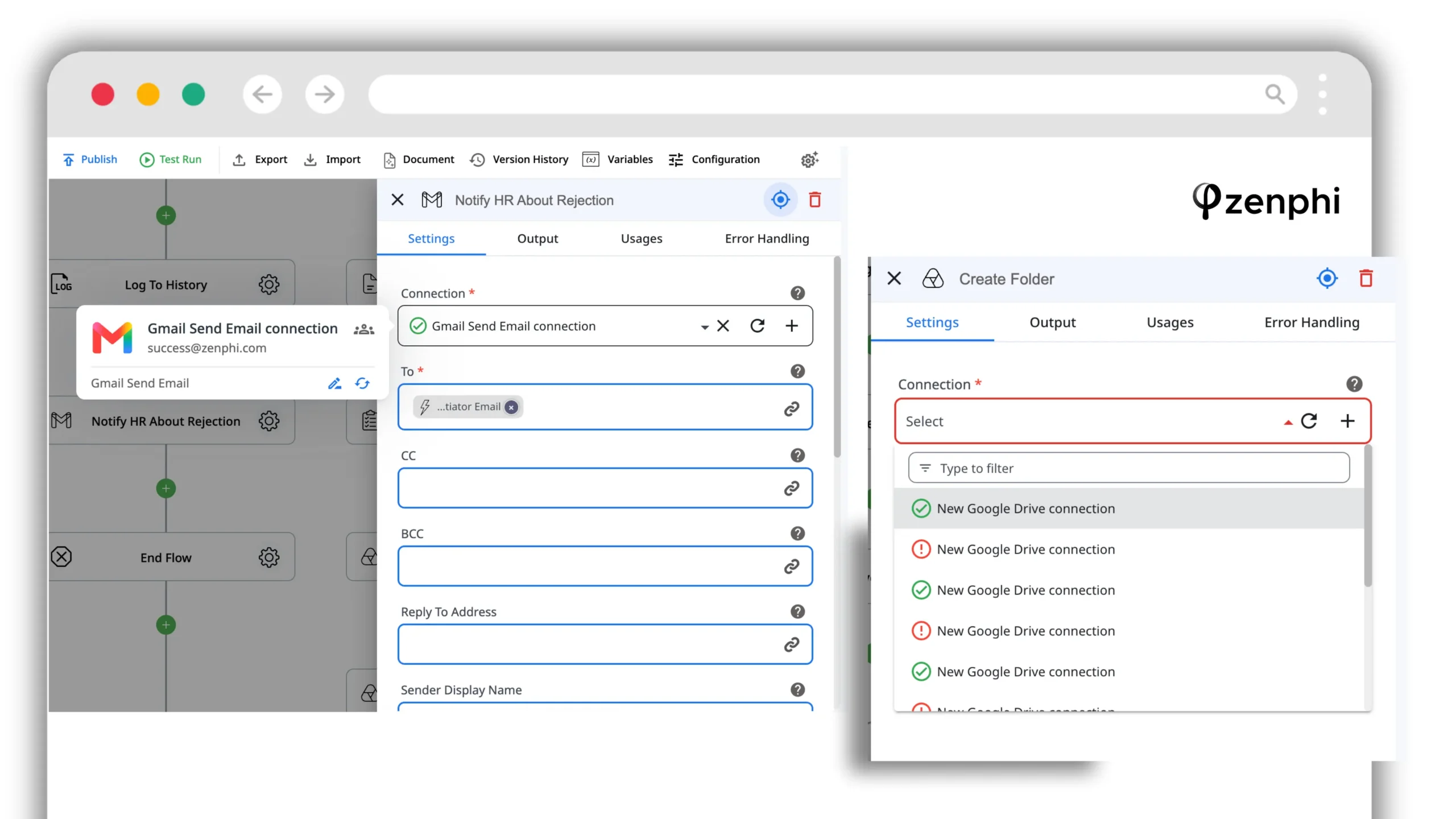 Gmail and Google Drive connections configured independently inside Zenphi workflow actions