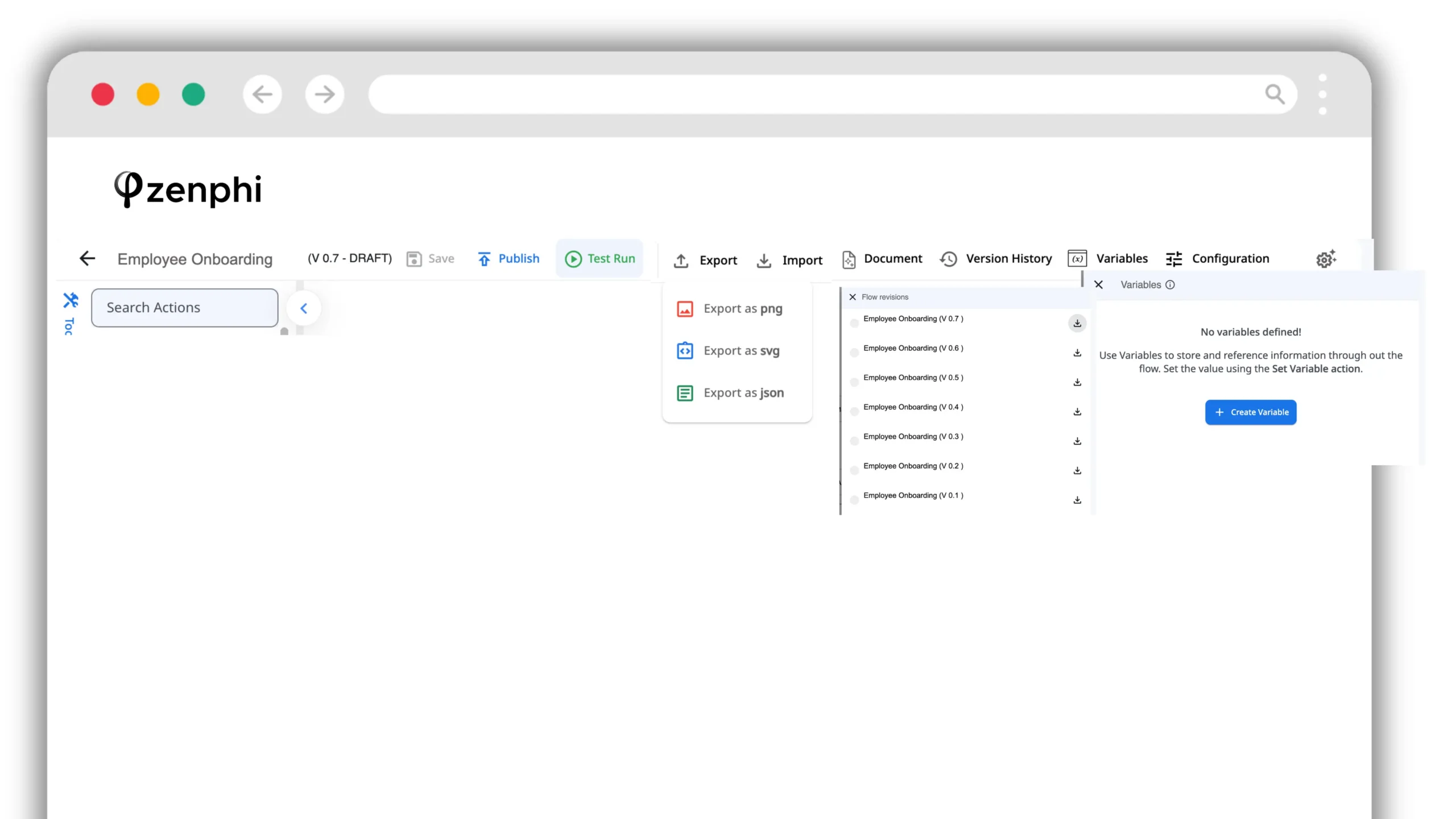 Zenphi Test Run, export and version history controls in the workflow builder