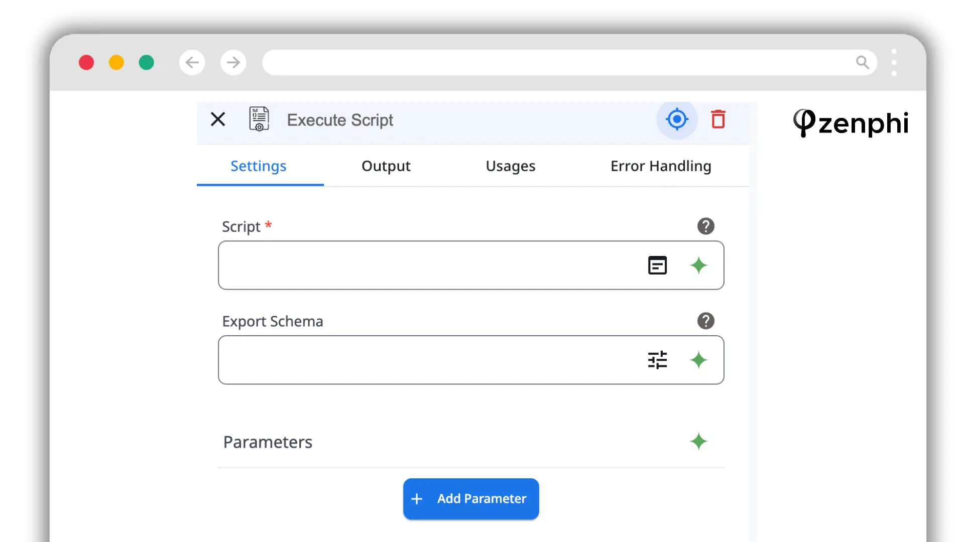 Zenphi Execute Script action with Script, Export Schema and Parameters fields and Settings, Output, Usages and Error Handling tabs