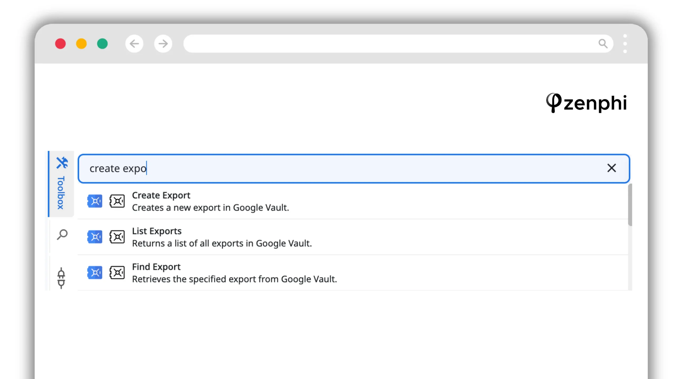 Google Vault export actions in the Zenphi flow designer: Create Export, List Exports, and Find Export