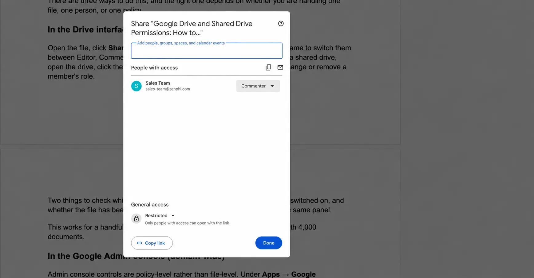 Google Drive sharing panel showing a group with Commenter access and General access set to Restricted