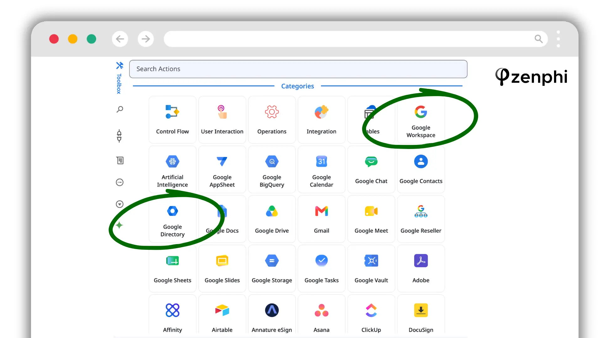 Google Workspace and Google Directory action categories in Zenphi