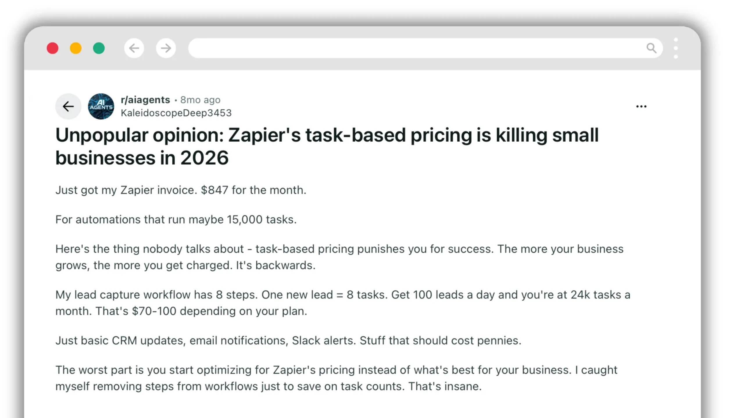 Reddit discussion criticising Zapier task-based pricing