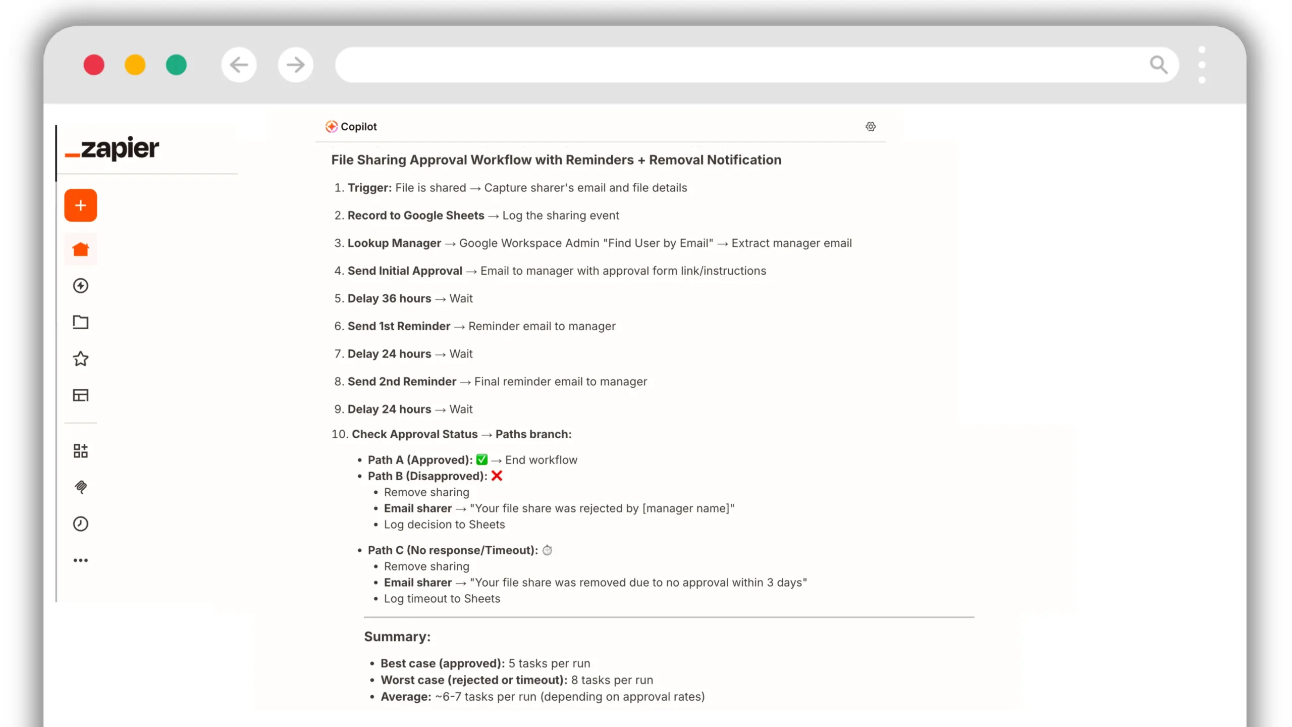 Zapier Copilot suggested file-sharing approval workflow with reminders and removal actions