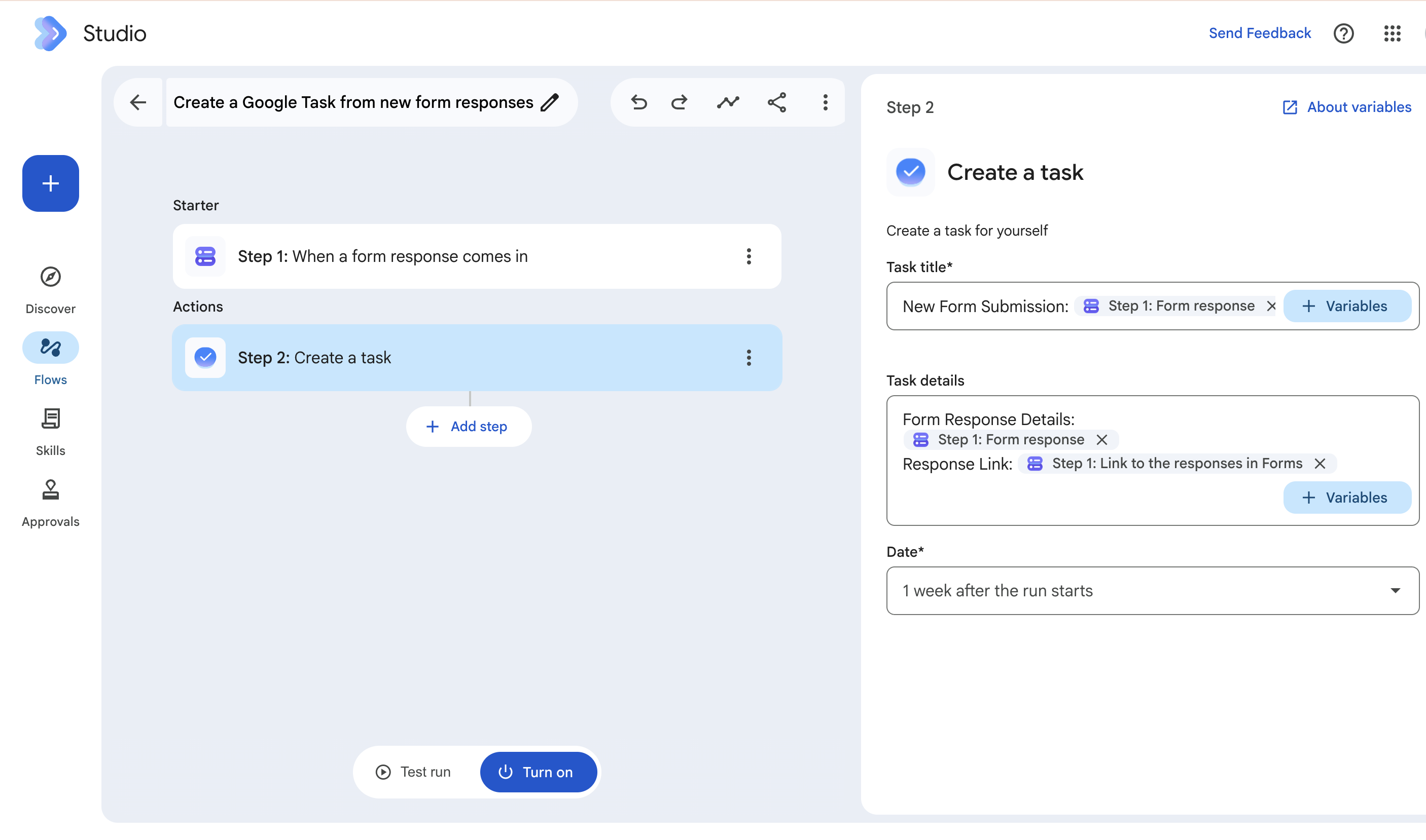 Workspace Studio's Create a task step, labeled Create a task for yourself, with only title, details and date fields and no assignee option