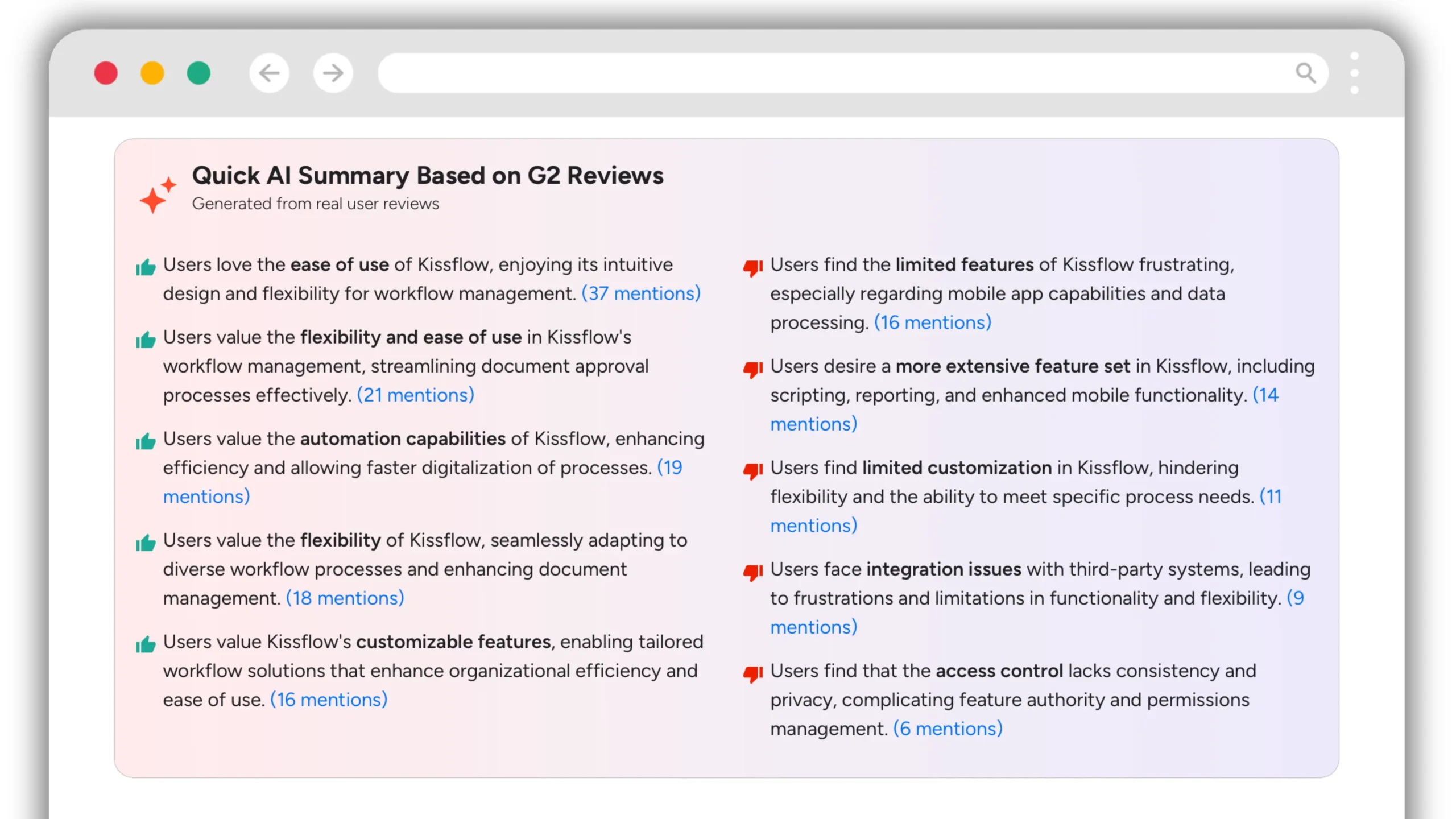 G2 review summary showing common Kissflow strengths and limitations