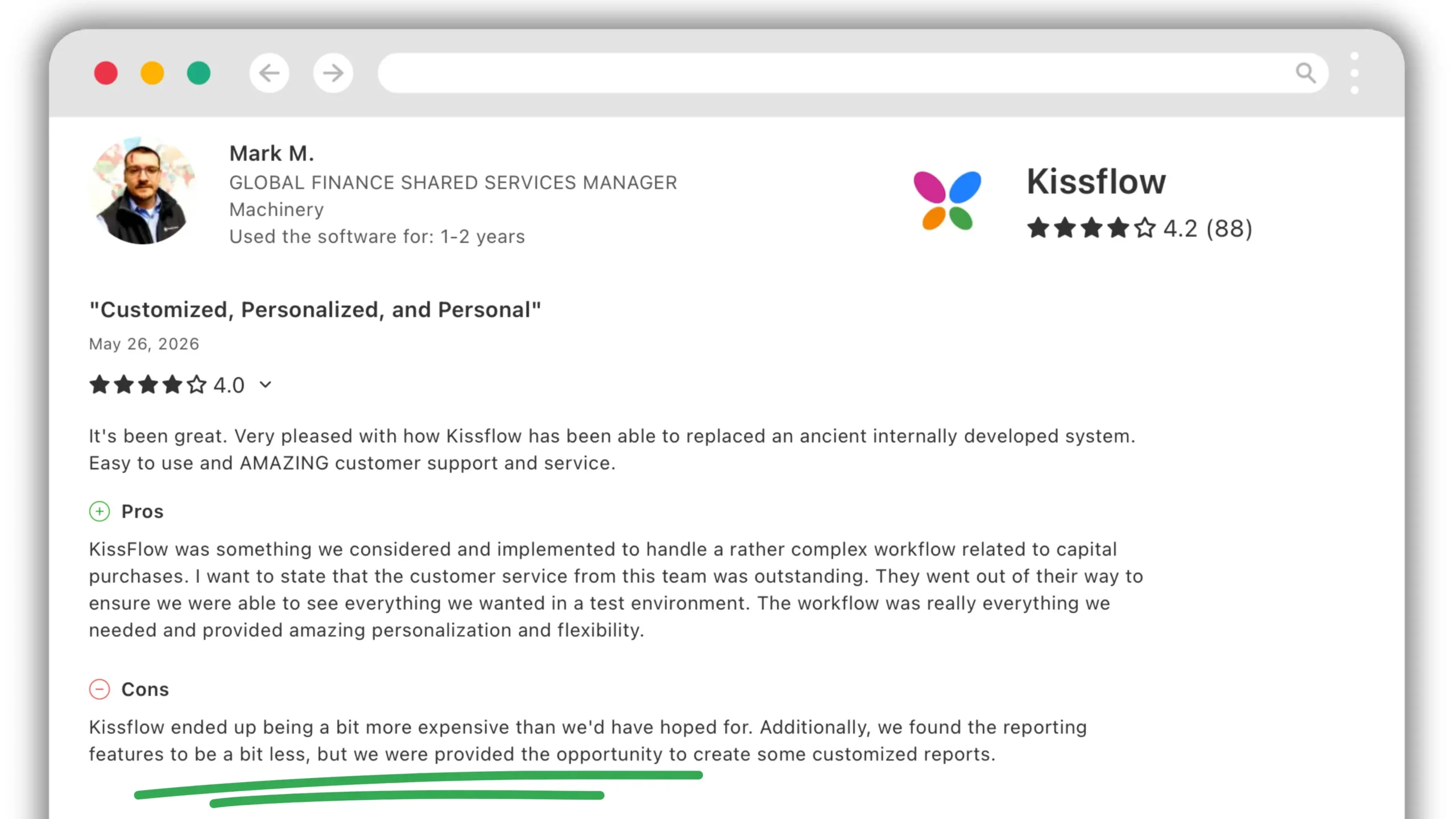 Kissflow customer review discussing pricing, flexibility and reporting