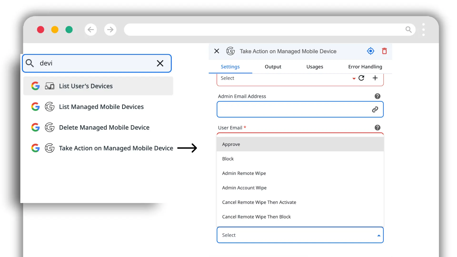Zenphi mobile device management actions available to run as part of an offboarding workflow