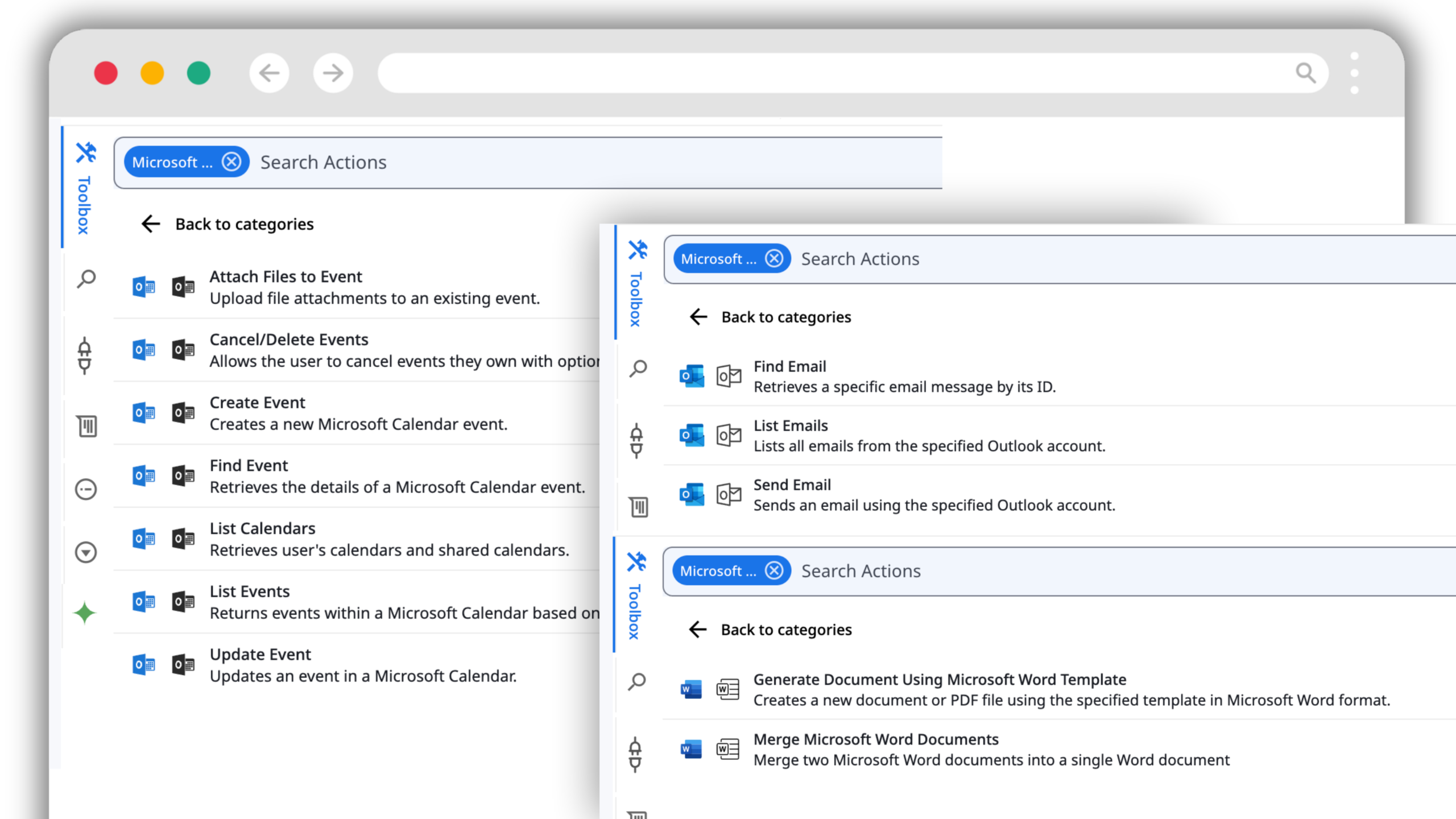 Zenphi Microsoft Calendar, Outlook and Word actions in the flow builder