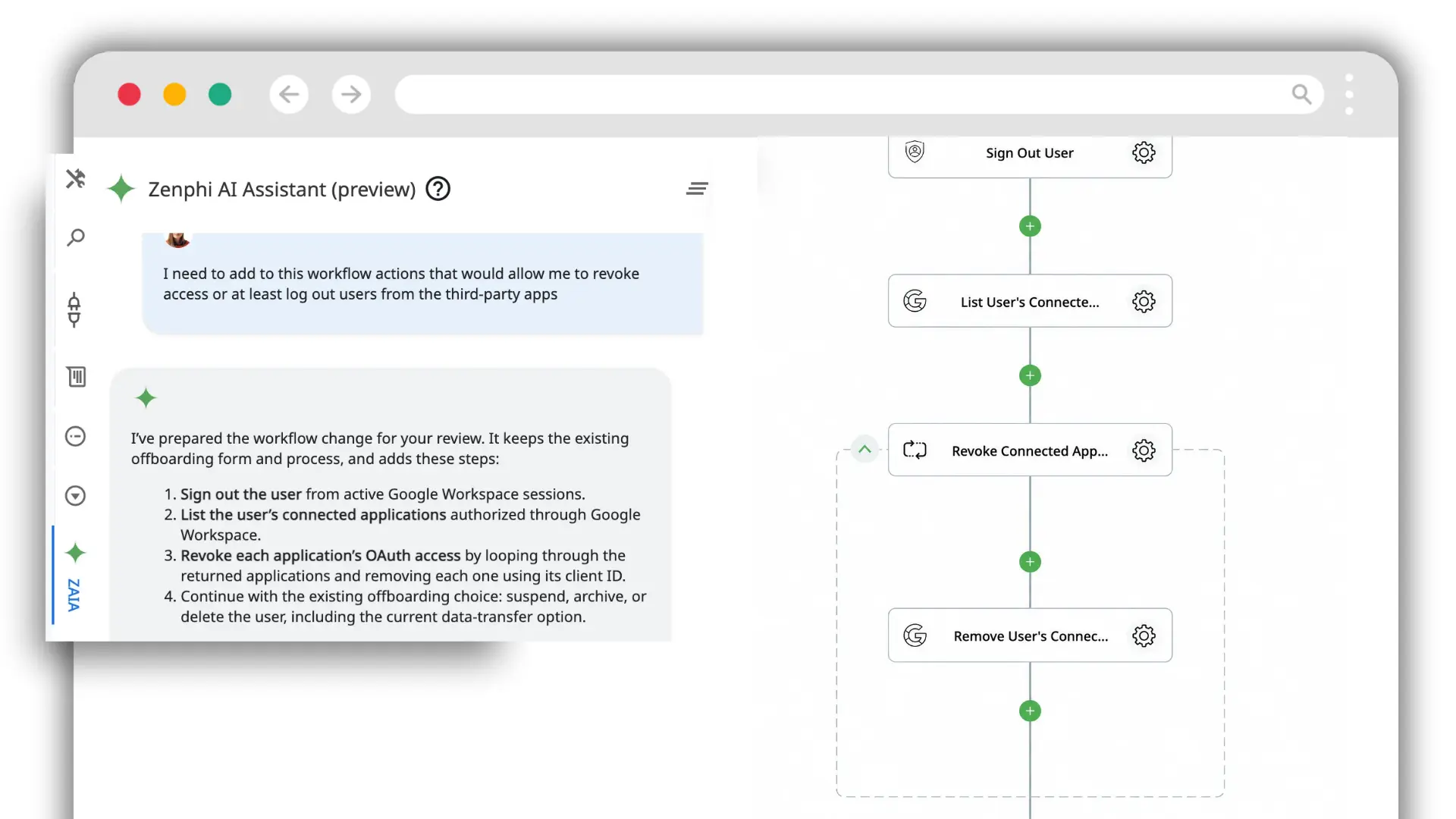 Zenphi AI Assistant adding steps to list a user's connected third-party apps and revoke each one's OAuth access during offboarding