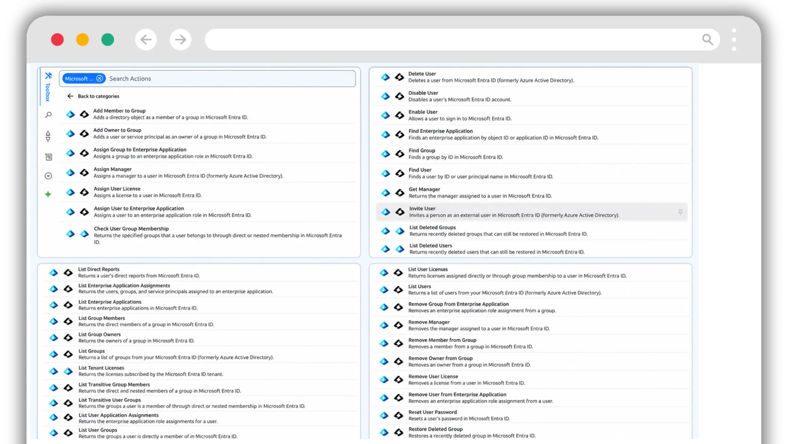 Zenphi action menu showing Microsoft Entra ID first-class administrative actions including Get Manager, user licences and group operations